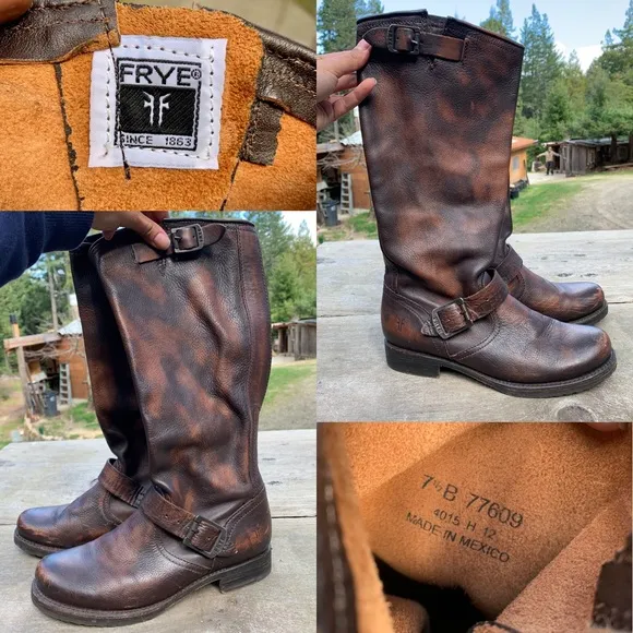 Frye slouchy brown distressed leather pullon boots