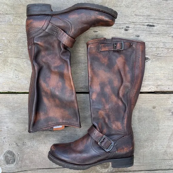 Frye slouchy brown distressed leather pullon boots