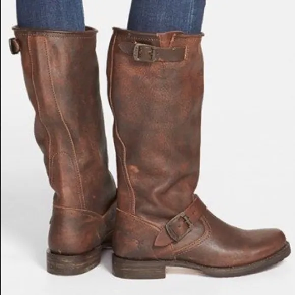 Frye slouchy brown distressed leather pullon boots