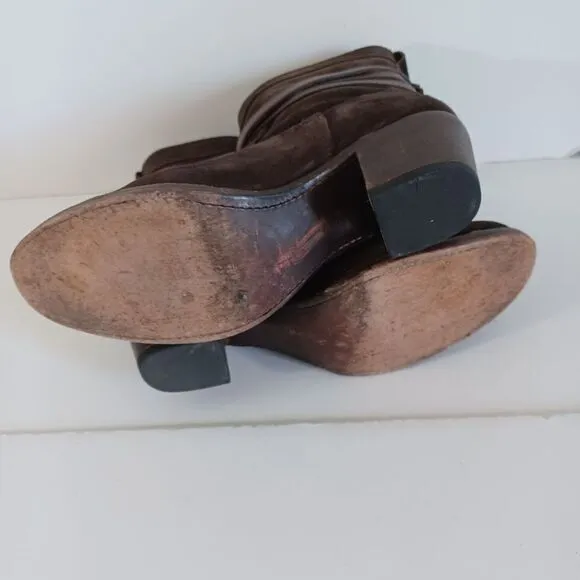 Frye Sz 8 Boots Slouchy Brown Suede Jane Strappy Fatigue Almond Toe Western Boho
