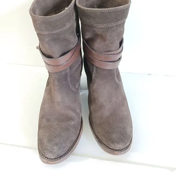 Frye Sz 8 Boots Slouchy Brown Suede Jane Strappy Fatigue Almond Toe Western Boho