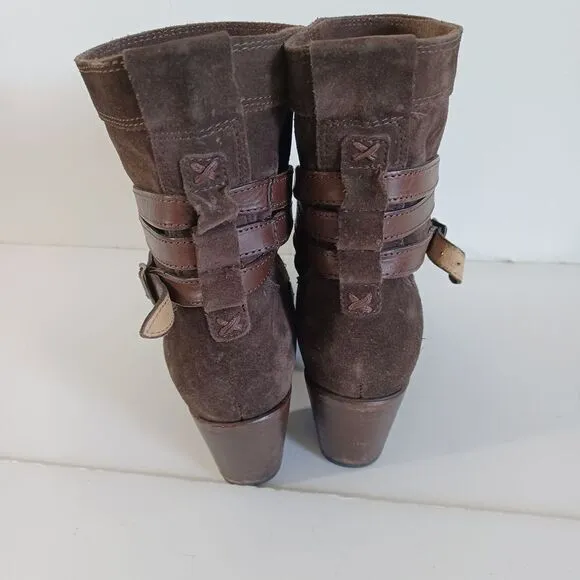 Frye Sz 8 Boots Slouchy Brown Suede Jane Strappy Fatigue Almond Toe Western Boho