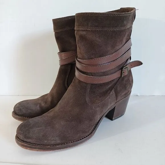 Frye Sz 8 Boots Slouchy Brown Suede Jane Strappy Fatigue Almond Toe Western Boho