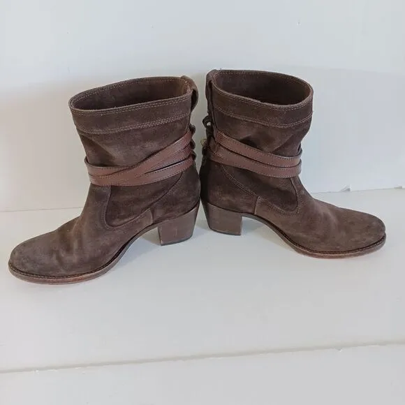 Frye Sz 8 Boots Slouchy Brown Suede Jane Strappy Fatigue Almond Toe Western Boho