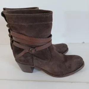 Frye Sz 8 Boots Slouchy Brown Suede Jane Strappy Fatigue Almond Toe Western Boho