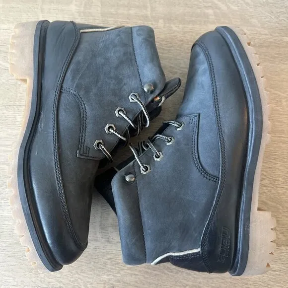 FUBO Vintage Men's 6.5 Women 8.5 Black Leather Ankle Boots Chunky Sole Steel Toe