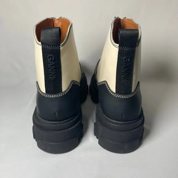 GANNI Zipped Leather Ankle Boots In Beige, Black