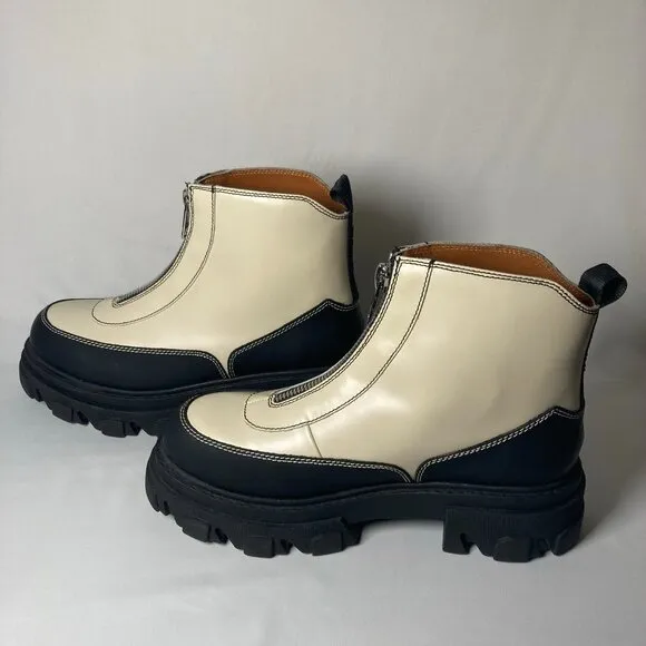 GANNI Zipped Leather Ankle Boots In Beige, Black