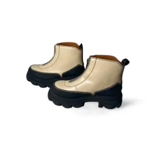 GANNI Zipped Leather Ankle Boots In Beige, Black