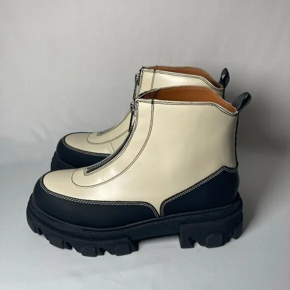 GANNI Zipped Leather Ankle Boots In Beige, Black