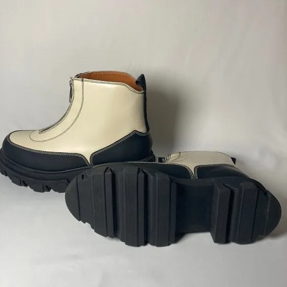 GANNI Zipped Leather Ankle Boots In Beige, Black