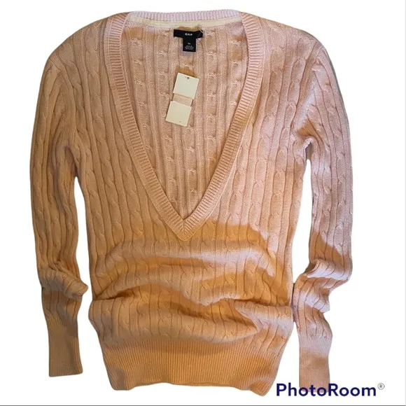 GAP CABLE KNIT PLUNGING V-NECK PINK LONG SLEEVE SWEATER ⭐️⭐️⭐️⭐️⭐️