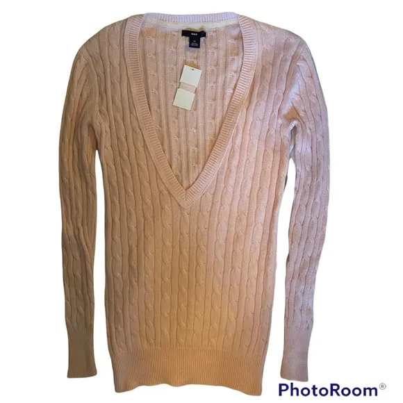 GAP CABLE KNIT PLUNGING V-NECK PINK LONG SLEEVE SWEATER ⭐️⭐️⭐️⭐️⭐️