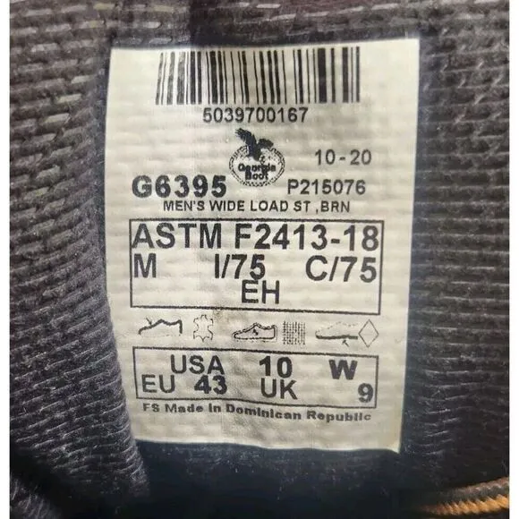 Georgia Boot G6395 Eagle Light Wide Load Mens Sz 10 W Wide Safety Toe Work Hiker