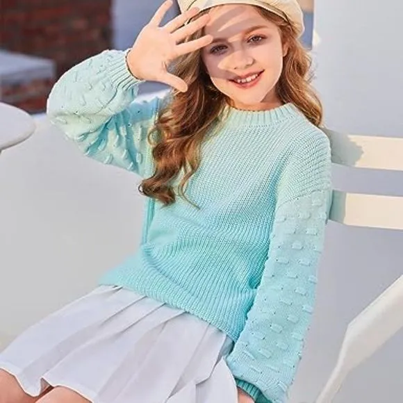 Girls Crewneck Sweaters Chunky Lantern Sleeve Knit Jumper Tops Casual Drop