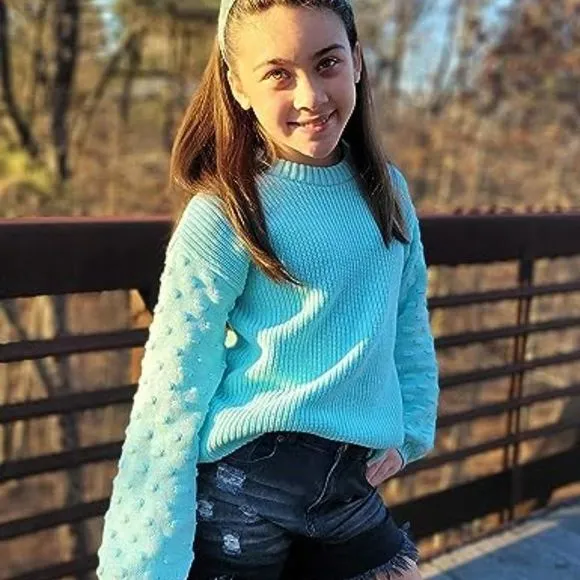 Girls Crewneck Sweaters Chunky Lantern Sleeve Knit Jumper Tops Casual Drop