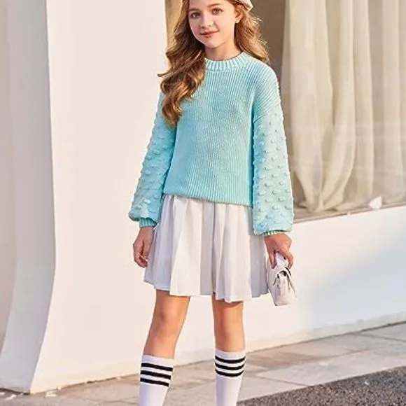 Girls Crewneck Sweaters Chunky Lantern Sleeve Knit Jumper Tops Casual Drop