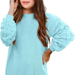 Girls Crewneck Sweaters Chunky Lantern Sleeve Knit Jumper Tops Casual Drop
