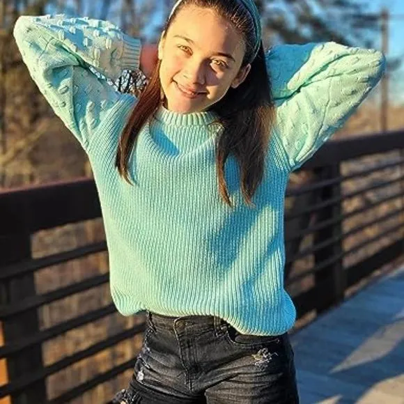 Girls Crewneck Sweaters Chunky Lantern Sleeve Knit Jumper Tops Casual Drop