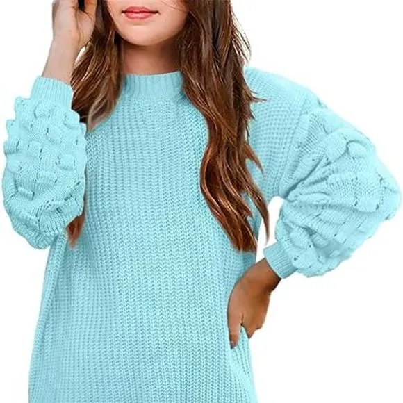 Girls Crewneck Sweaters Chunky Lantern Sleeve Knit Jumper Tops Casual Drop