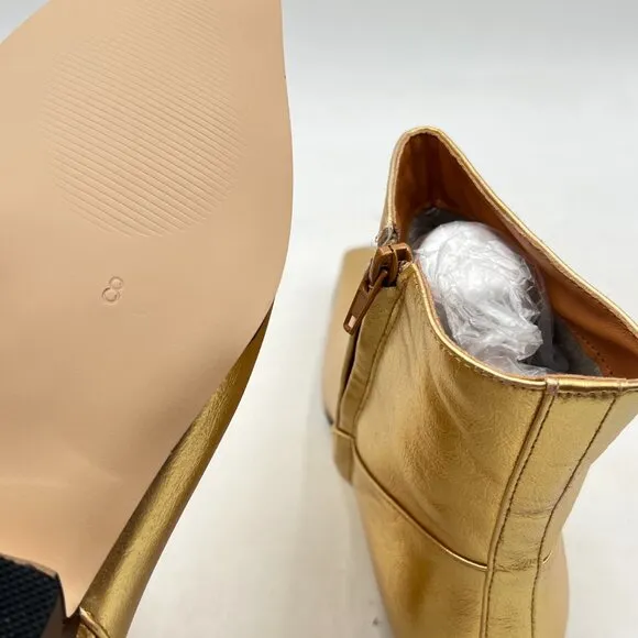 Gold Women's Square Toe Low Chunky Heel Ankle Booties Chic Zip up Short Boot