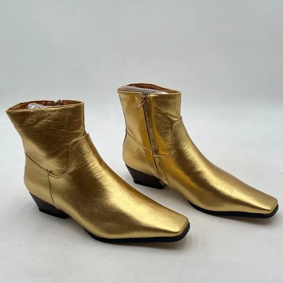 Gold Women's Square Toe Low Chunky Heel Ankle Booties Chic Zip up Short Boot