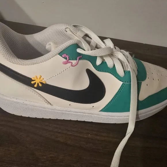 Green and White Sneakers with Perforated Leather Design