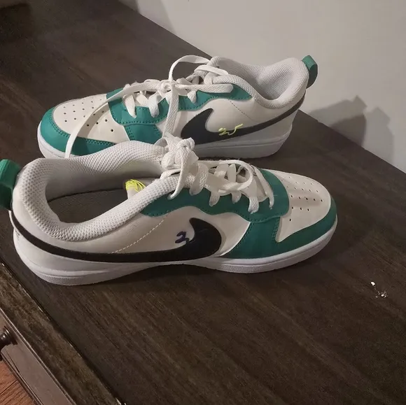 Green and White Sneakers with Perforated Leather Design