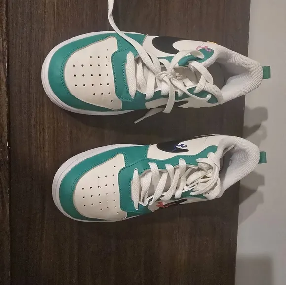 Green and White Sneakers with Perforated Leather Design