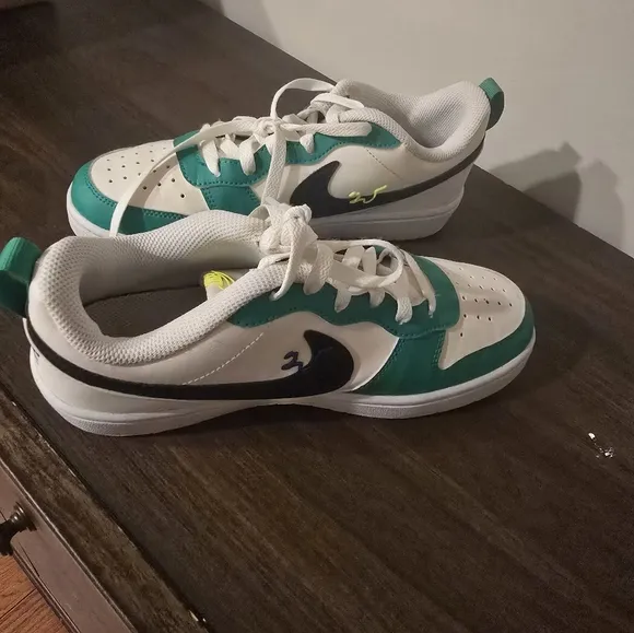 Green and White Sneakers with Perforated Leather Design