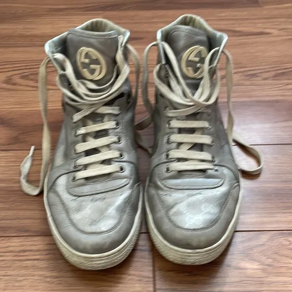 Gucci “Coda” GG Guccisima silver leather high tops, size 9.5 US