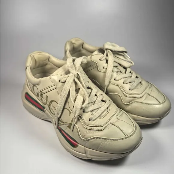 Gucci Rhyton Logo Sneakers - Ivory Leather with Web Stripe |Retail Price: $1,150