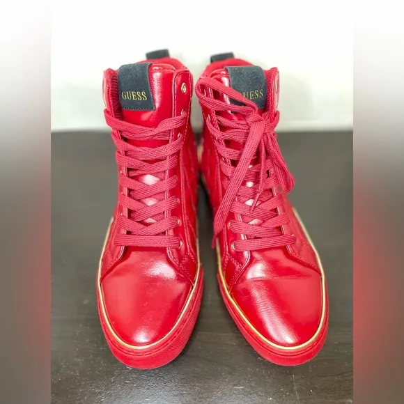 GUESS RED FAUX LEATHER HIGH TOP SNEAKERS FOR MEN SIZE 7.5 US.