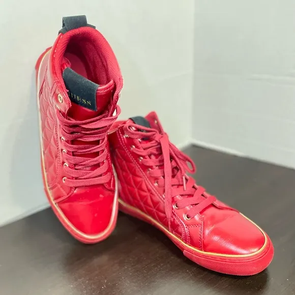 GUESS RED FAUX LEATHER HIGH TOP SNEAKERS FOR MEN SIZE 7.5 US.