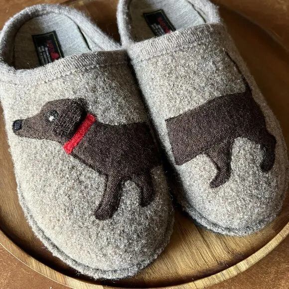 HAFLINGER Slippers Wool Doggy Dachsund Puppy Dog Shoes Men's 10 Women's 11