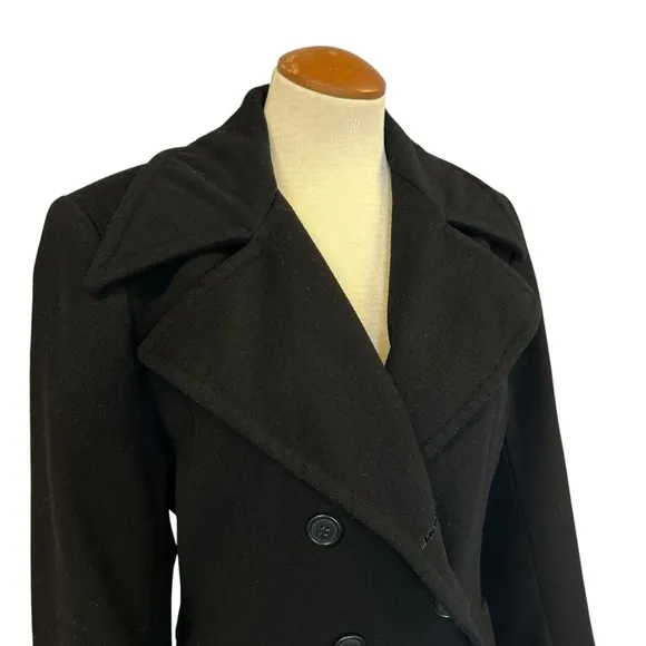 HALSTON BLACK WOOL COAT OVERCOAT PEACOAT FITTED WINTER JACKET OFFICE PREPPY