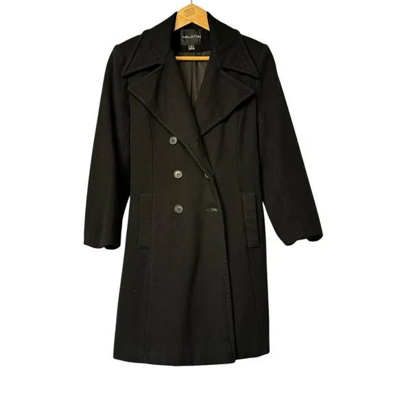 HALSTON BLACK WOOL COAT OVERCOAT PEACOAT FITTED WINTER JACKET OFFICE PREPPY