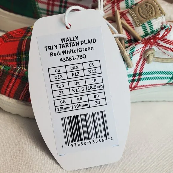 Hey Dude Wally Big Kids Tri Tartan Plaid Shoes New Fleece Lined Size c12/j2/j5