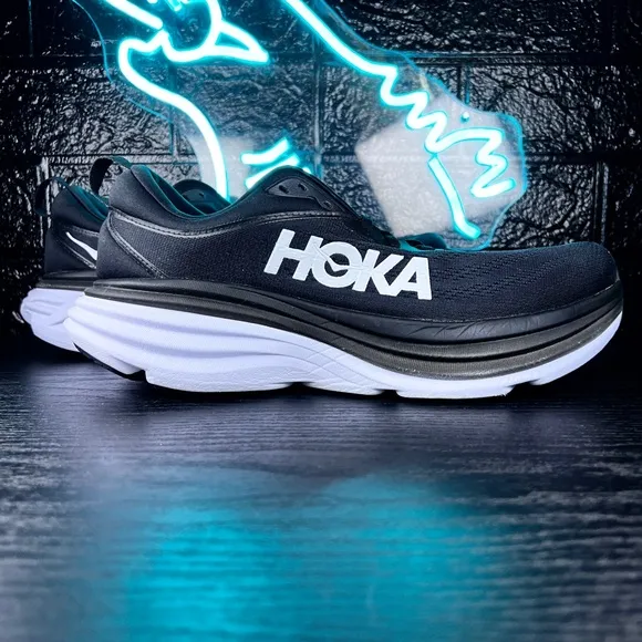Hoka One One Bondi 8 Men’s Running Walking Shoes Black White 10.5