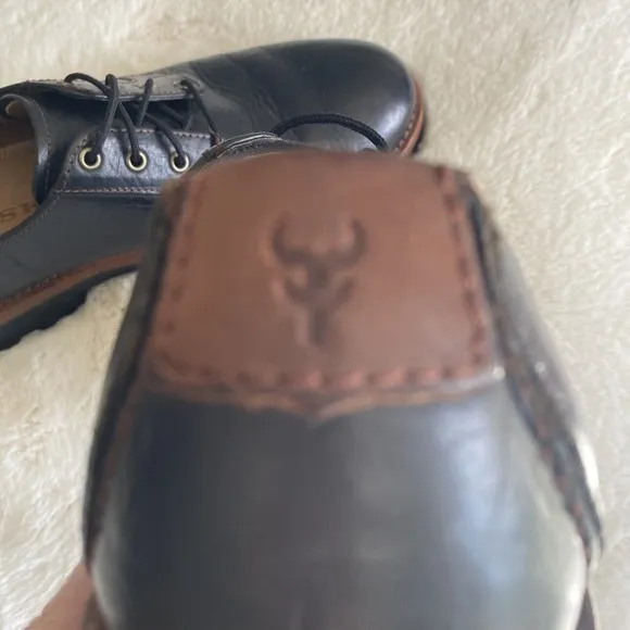 HS Trask Gallatin 2.0 Men's 9.5M Black Leather Oxford Brown Trim Tie Shoes Work