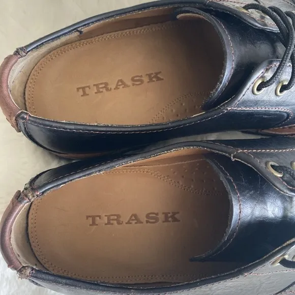 HS Trask Gallatin 2.0 Men's 9.5M Black Leather Oxford Brown Trim Tie Shoes Work