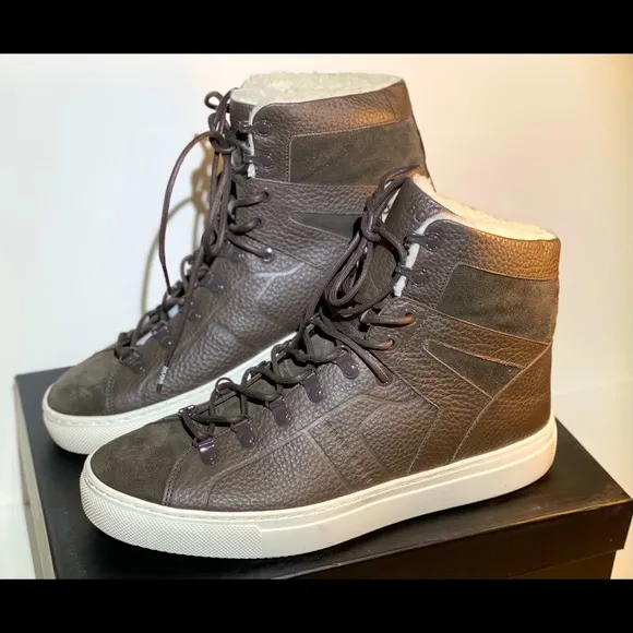 HUGO Men’s Brown Leather Boss Enlighten HiTop Shoes Fleece Lined Size 10