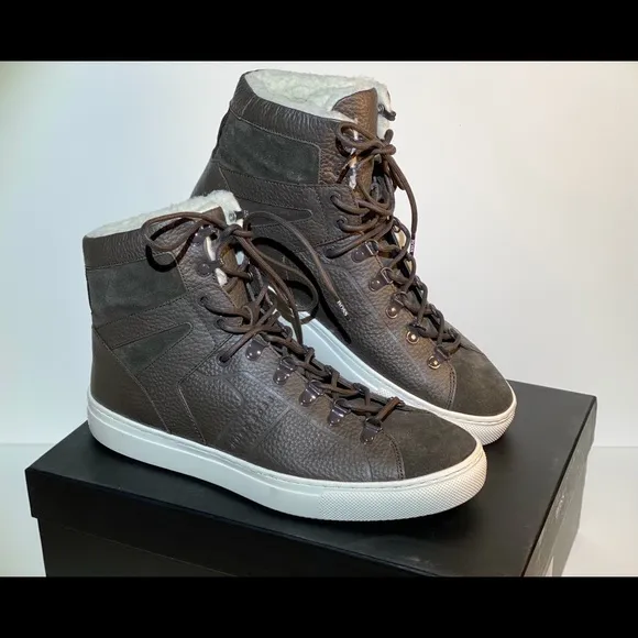 HUGO Men’s Brown Leather Boss Enlighten HiTop Shoes Fleece Lined Size 10