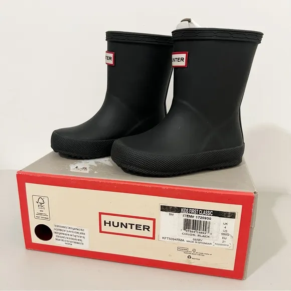 Hunter Kids Black Waterproof Rain Boots Boys Size 5/Girls Size 6