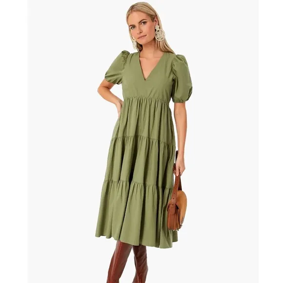 Hyacinth House Tuckernuck Tiered Penny Puff Sleeve Midi Dress in Green XL