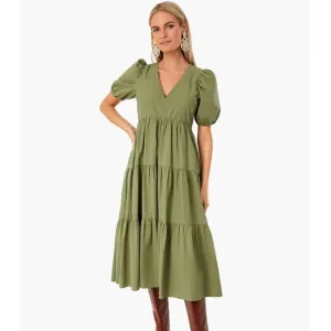Hyacinth House Tuckernuck Tiered Penny Puff Sleeve Midi Dress in Green XL