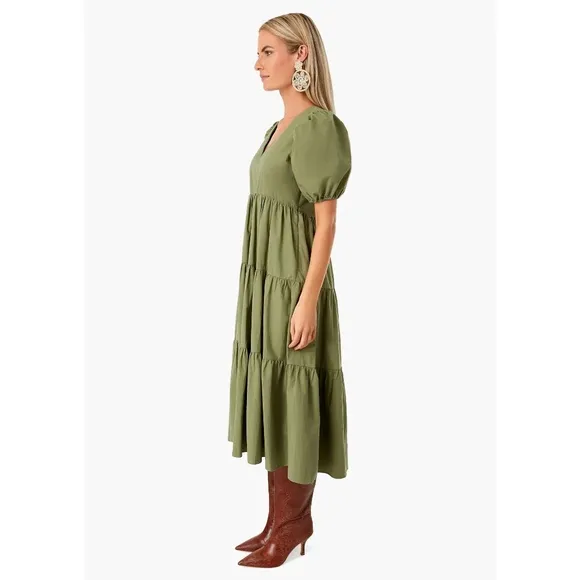 Hyacinth House Tuckernuck Tiered Penny Puff Sleeve Midi Dress in Green XL