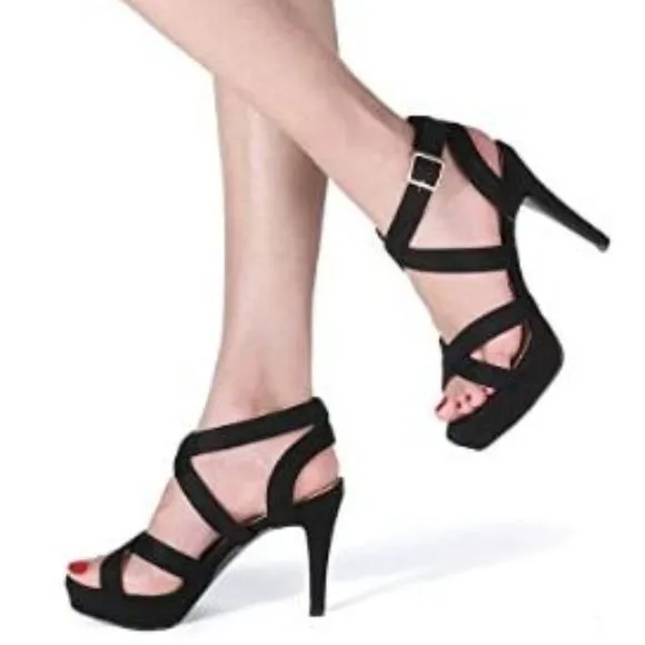 IDIFU Women's High Heel Cross Strap Buckled Heeled