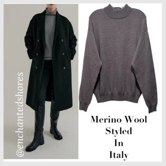 Italian Mock Neck Merino Wool Sweater Styled In Italy Grey Poeta Moda Size Large