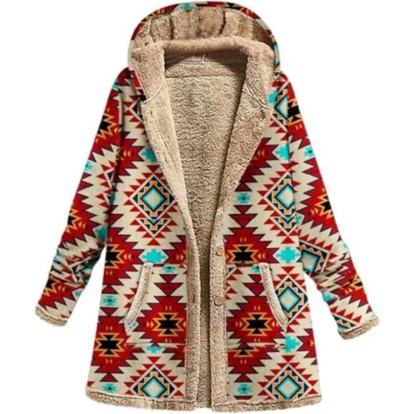 IVERIRMIN Women's Boho Fuzzy Fleece Quilted Hoodie Jacket Vintage Floral Button
